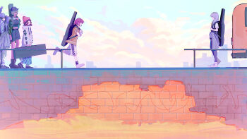 5girls absurdres awa_subaru baseball_cap black_hair black_hat black_shorts blue_skirt brown_hair closed_eyes clothes_around_waist cloud commentary ebizuka_tomo girls_band_cry grey_hair grey_jacket guitar_case hair_between_eyes hat highres hood hoodie instrument_case instrument_on_back iseri_nina jacket jacket_around_waist kawaragi_momoka long_hair long_hair_between_eyes midriff multicolored_hair multiple_girls open_mouth roots_(hair) rupa_(girls_band_cry) shirt shoes short_hair shorts skirt string string_of_fate togenashi_togeari white_hoodie white_shoes ydpfa yellow_shirt