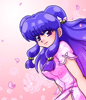 1girl breasts china_dress chinese_clothes commentary_request double_bun dress flower hair_bun lips purple_eyes purple_hair ranma_1/2 shampoo_(ranma_1/2) smile solo wanta_(futoshi)