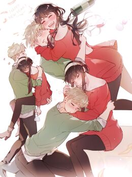 1boy 1girl absurdres black_hair blonde_hair blush breasts commentary couple earrings gold_earrings hairband hetero highres husband_and_wife ideksams jewelry large_breasts long_hair long_sleeves open_mouth red_sweater shirt shirt_under_sweater short_hair sidelocks smile spy_x_family sweater symbol-only_commentary twilight_(spy_x_family) yor_briar