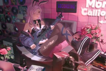 1girl absurdres animal_ear_hairband animal_ears bare_shoulders bass_guitar black_hair black_tube_top choker commentary computer crossed_legs cup cutoffs drinking_glass fake_animal_ears flower fur-trimmed_jacket fur_trim hairband headphones headphones_around_neck highres holding holding_instrument hololive hololive_english indoors instrument jacket jewelry laptop leggings long_hair midriff mori_calliope mori_calliope_(rock_bunny) multicolored_hair nail_polish necklace off_shoulder official_alternate_costume pantyhose parted_lips pink_eyes pink_hair purple_jacket purple_nails rabbit_ear_hairband rabbit_ears rose shoes sign sitting skull skull_necklace sneakers solo speaker strapless streaked_hair tile_wall tiles torn_clothes torn_leggings torn_pantyhose tube_top vinyl_record virtual_youtuber xiisalt