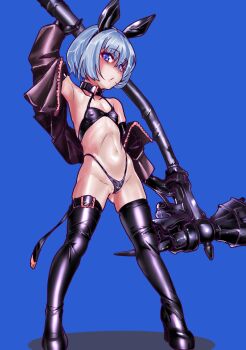 1girl animal_ears blue_eyes blue_hair boots breasts covered_erect_nipples fake_animal_ears hammer highleg highleg_panties highres jacket latex latex_boots latex_panties looking_at_viewer mersoleil03 navel open_clothes open_jacket original panties short_hair small_breasts solo thigh_boots underwear war_hammer weapon