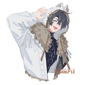 1boy anchun_(quail0503) animal_ear_hood blue_eyes brown_hair fake_animal_ears fur_trim hand_up highres hood hood_up jacket long_sleeves looking_to_the_side male_focus open_mouth original simple_background solo square sweater teeth tongue upper_body white_background white_jacket