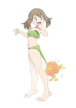 1girl absurdres barefoot bikini blue_eyes brown_hair cloudxmoe commentary english_commentary feet full_body gen_3_pokemon green_bikini highres legs may_(pokemon) medium_hair nintendo open_mouth pokemon pokemon_(anime) pokemon_(creature) pokemon_rse_(anime) revision simple_background surprised swimsuit teeth toenails toes torchic white_background
