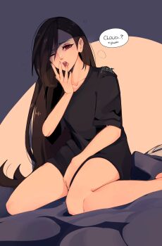 1girl absurdres bare_legs barefoot bed_sheet black_hair black_shirt commentary english_commentary final_fantasy final_fantasy_vii foot_out_of_frame hair_behind_ear highres legs long_hair looking_at_viewer no_pants one_eye_closed open_mouth oversized_clothes oversized_shirt red_eyes shirt short_sleeves signature simple_background sitting sleepy solo speech_bubble squeans tifa_lockhart waking_up wariza xzenvii yawning