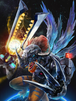 Rule 34 | arm blade, arm cannon, blue eyes, cyborg, digimon, digimon (creature), dinosaur, earth (planet), highres, horns, kurotokusa, mechanical arms, metalgreymon, metalgreymon alterous mode, no humans, planet, red hair, sharp teeth, solo, space, teeth, weapon