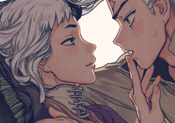 Rule 34 | 2boys, asagiri gen, black hair, blue eyes, blush, brothers, dr. stone, eye contact, finger to another's mouth, fingernails, grey hair, hand on another's shoulder, highres, implied yaoi, ishigami senkuu, japanese clothes, kimono, light blush, lips, looking at another, lying, male focus, medium hair, multicolored hair, multiple boys, on back, parted lips, pink kimono, red eyes, shirt, siblings, sweat, sweatdrop, teeth, thick eyebrows, turtleneck, turtleneck shirt, two-tone hair, white background, white hair, white shirt, yaoi, zura00zura