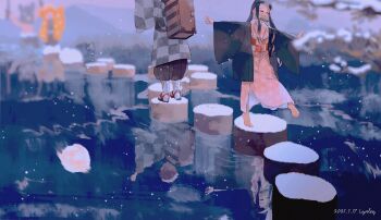 Rule 34 | 1girl, 3boys, agatsuma zenitsu, black hair, haori, hashibira inosuke, highres, japanese clothes, kamado nezuko, kamado tanjirou, kimetsu no yaiba, kimono, long hair, multiple boys, outdoors, pink kimono, r rinry95, snow, water