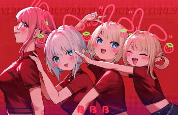 4girls :3 absurdres alternate_costume ars_almal blonde_hair blue_eyes blush closed_eyes collared_shirt crop_top drawn_blush drawn_ears face_filter fang glasses hair_intakes hair_rings highres indie_utaite itoi_toi_(neo-porte) makaino_ririmu midriff multicolored_hair multiple_girls nemoto_yuuma neo-porte nijisanji nqrse open_mouth parted_lips pink_hair pointy_ears red_background red_shirt shirt short_sleeves smile streaked_hair triangle_mouth upper_body vcr_gta virtual_youtuber white_hair