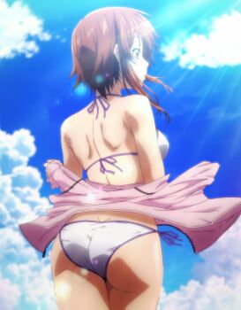 1girl absurdres anime_screenshot ass back bikini breasts brown_eyes brown_hair dimples_of_venus grand_blue highres huge_ass jacket kotegawa_chisa medium_breasts open_clothes open_jacket pink_jacket shoulder_blades side-tie_bikini_bottom sidelocks stitched swimsuit thighs third-party_edit white_bikini