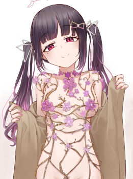 1girl absurdres black_hair breasts closed_mouth flower hair_ribbon highres himemiya_rie mole mole_under_eye multicolored_hair ok1teru phase_connect pink_eyes pink_hair pink_nails purple_flower ribbon smile solo streaked_hair twintails virtual_youtuber white_ribbon