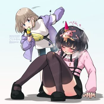 Rule 34 | 2girls, arm support, bike shorts, black hair, black shoes, black skirt, blush, breath, commentary request, convenient leg, fallen down, food, frilled sleeves, frills, gojarun, grey hair, highres, holding, holding ice cream cone, ice cream, ice cream cone, ice cream on head, idolmaster, idolmaster shiny colors, jacket, jirai kei, knees together feet apart, knees up, leaning forward, long sleeves, looking at another, mayuzumi fuyuko, multiple girls, multiple scoops, pink shirt, purple jacket, serizawa asahi, shirt, shoes, sitting, skirt, sweatdrop, white shirt