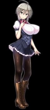 ahoge breasts derauea grey_hair honoo_no_haramase_oppai_ero_appli_gakuen huge_breasts pantyhose school_uniform skirt v veruka_valentina