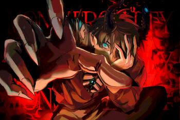 Rule 34 | 1boy, aqua eyes, arms up, black hair, black horns, black pants, black shirt, commentary, danch (dunkindunat), english commentary, english text, fingernails, hand on own face, highres, horns, long sleeves, male focus, nijisanji, nijisanji en, outstretched arm, pants, partially open shirt, ren zotto, sharp fingernails, shirt, short hair, sitting, solo, torn clothes, twitter username, virtual youtuber