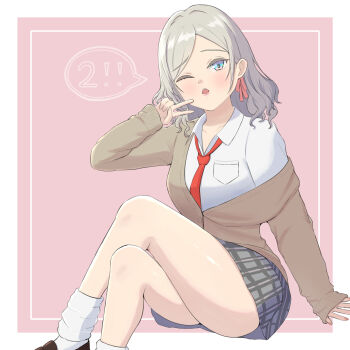 1girl alternate_costume blue_eyes border breast_pocket brown_shoes brown_sweater ceras_yanagida_lilienfeld collared_shirt commentary_request crossed_legs grey_hair grey_skirt gyaru heisei_gals!!!!_(love_live!) highres kogal leg_warmers link!_like!_love_live! long_sleeves looking_at_viewer love_live! medium_hair miniskirt necktie outside_border plaid_clothes plaid_skirt pochieese pocket red_necktie shirt shoes single_off_shoulder sitting skirt solo sweater v virtual_youtuber white_border white_leg_warmers white_shirt