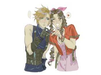 ... 1boy 1girl aerith_gainsborough aqua_eyes armor armored_gloves bandaged_arm bandages bangle belt blonde_hair blue_pants blue_shirt blush bracelet braid braided_ponytail breasts brown_belt brown_gloves brown_hair choker cleavage closed_eyes cloud_strife cropped_torso dress exntrc final_fantasy final_fantasy_vii final_fantasy_vii_remake flower_choker gloves hair_between_eyes hair_ribbon heart heart_hands heart_hands_duo hetero highres jacket jewelry long_hair looking_at_another medium_breasts multiple_belts pants parted_bangs parted_lips pauldrons pink_dress pink_ribbon red_jacket ribbon shirt short_hair short_sleeves shoulder_armor sidelocks single_bare_shoulder single_braid single_pauldron sleeveless sleeveless_turtleneck smile spiked_hair spoken_ellipsis spoken_heart suspenders sweatdrop teeth turtleneck upper_body white_background