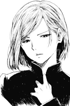 1girl collar_tug frown greyscale hair_behind_ear hand_up jacket jujutsu_kaisen jujutsu_tech_uniform kugisaki_nobara lineart long_sleeves looking_at_viewer medium_hair misaki_toji monochrome parted_bangs parted_lips portrait simple_background sketch solo swept_bangs white_background