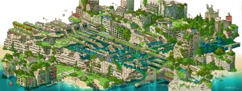 1boy abandoned absurdres animal bird boat building bus chair commentary_request crosswalk dilapidated fish highres holding innertube lounge_chair mcdonald&#039;s motor_vehicle no_entry_sign no_stopping_sign oar original overgrown owl post-apocalypse railroad_tracks road road_sign rowboat ruins rust sign solo stairs starfish street swim_ring tokyogenso traffic_light train tree water watercraft white_background