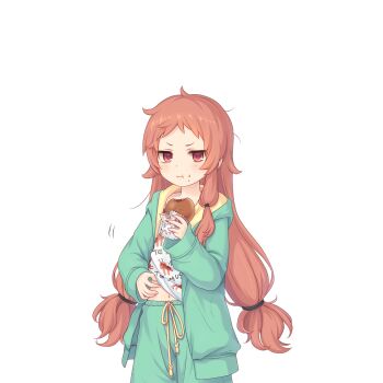 Rule 34 | 1girl, eating, food, food on face, green pajamas, green pants, holding, holding food, long hair, looking at viewer, low-tied long hair, official art, pajamas, pants, princess connect!, rin (princess connect!), rin (real) (princess connect!), scratching stomach, tachi-e, transparent background
