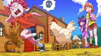 Rule 34 | 1boy, 2girls, barn, barrel, bird, book, bow, breasts, chicken, cow, del-chan, dress, farm, fence, green bow, green eyes, highres, jas (stardew valley), multiple girls, orange hair, penny (stardew valley), purple dress, purple hair, red hair, shirt, shoes, short hair, short pants, sideboob, sitting, sky, stardew valley, striped clothes, striped shirt, vincent (stardew valley), wariza