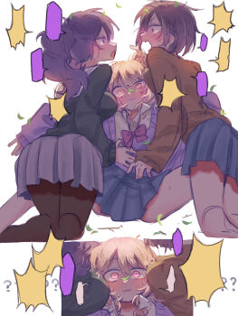 Rule 34 | 1other, 2girls, ?, ??, akiyama mizuki, angry, asahina mafuyu, ass, bare legs, between breasts, black cardigan, blank speech bubble, blue skirt, blush, bow, bowtie, braid, breasts, brown cardigan, brown pantyhose, cardigan, commentary, full-face blush, grey skirt, hand on another's stomach, head between breasts, high ponytail, highres, kamiyama high school uniform (project sekai), leaf, medium hair, miyamasuzaka girls' academy school uniform, multiple girls, nervous, nervous smile, nervous sweating, open mouth, other with female, pantyhose, pink bow, pink bowtie, pink eyes, pink hair, ponytail, project sekai, purple cardigan, purple eyes, purple hair, school uniform, serafuku, shinonome ena, short hair, side braid, siiaka023, skirt, smile, speech bubble, spread legs, sweat, wide-eyed