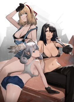 3girls ass black_hair blonde_hair blue_eyes blush bra braid breasts cleavage curly_hair dark-skinned_female dark_skin detached_sleeves fiora_(xenoblade) gloves green_eyes head_wings highres j@ck long_hair long_sleeves looking_at_viewer medium_breasts melia_antiqua midriff mole mole_under_mouth multiple_girls navel sharla_(xenoblade) short_hair shorts silver_hair simple_background smile thighhighs underwear upper_body wings xenoblade_chronicles_(series) xenoblade_chronicles_1