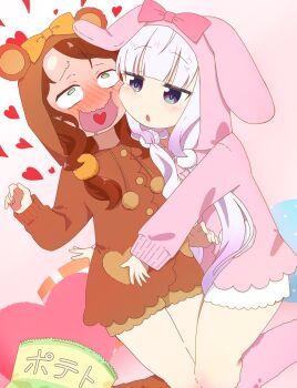 2girls animal_ears animal_hood bear_ears cheek_press chips_(food) food heart heart_in_mouth hood kanna_kamui kobayashi-san_chi_no_maidragon multiple_girls pajamas potato_chips rabbit_ears saikawa_riko suke_(wso_soso) yuri