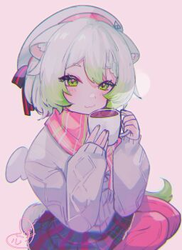 1girl :3 absurdres animal_ears cup ferret_ears ferret_girl ferret_tail green_eyes green_hair green_tail grey_sweater hat highres hot_chocolate indie_virtual_youtuber kokomi_(aniesuakkaman) laimu_(vtuber) laimu_(winter)_(vtuber) looking_at_viewer mug multicolored_hair pink_thighhighs scarf skirt solo sweater thighhighs two-tone_hair virtual_youtuber white_hair