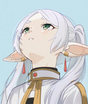 1girl blue_background capelet commentary danraz0r earrings elf english_commentary floating_earrings frieren green_eyes highres jewelry long_hair looking_up nose parted_bangs parted_lips pointy_ears portrait simple_background solo sousou_no_frieren teardrop_earrings twintails upward_angle_frieren_drawing white_capelet white_hair