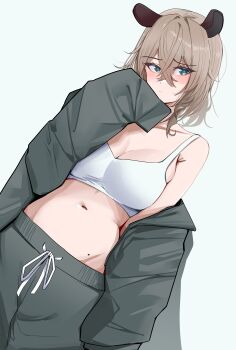 1girl absurdres animal_ears averting_eyes blush bra breasts brown_hair cleavage closed_mouth commentary crossed_bangs double-parted_bangs dutch_angle english_commentary green_eyes grey_background grey_jacket grey_pants hair_between_eyes hand_up highres indie_virtual_youtuber jacket large_breasts long_hair_between_eyes medium_hair mole mole_on_stomach navel nimi_nightmare no_shirt off_shoulder pants punpond simple_background sleeves_past_fingers sleeves_past_wrists solo stomach tapir_ears tapir_girl underwear virtual_youtuber white_bra