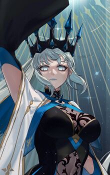 1girl absurdly_long_hair artist_name black_dress blue_gemstone blue_lips breasts chest_spike clothing_cutout cowboy_shot crown dress expressionless fate/grand_order fate_(series) floating_hair gem glowing glowing_eyes gold_border halterneck highres large_breasts long_dress long_hair looking_at_viewer morgan_le_fay_(fate) morgan_le_fay_(queen_of_winter)_(fate) myoha_moon outside_border see-through_clothes sleeveless sleeveless_dress solo stomach_cutout studded very_long_hair white_hair wide_sleeves