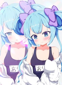 Rule 34 | 1girl, bare shoulders, blue eyes, blue hair, blush, bow, breasts, closed mouth, collarbone, commentary request, frown, hair bow, hatuyuki 1017, highres, long hair, long sleeves, looking at viewer, name tag, off shoulder, old school swimsuit, one-piece swimsuit, ongeki, school swimsuit, sidelocks, sleeves past wrists, small breasts, solo, suzushima arisu, swimsuit, twintails, upper body