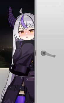 1girl :o absurdres ahoge belt blush braid braided_bangs door highres hololive horns jacket la+_darknesss long_hair long_sleeves looking_at_viewer open_door open_mouth purple_hair sleeves_past_fingers sleeves_past_wrists solo spookm thighhighs very_long_hair white_hair yellow_eyes