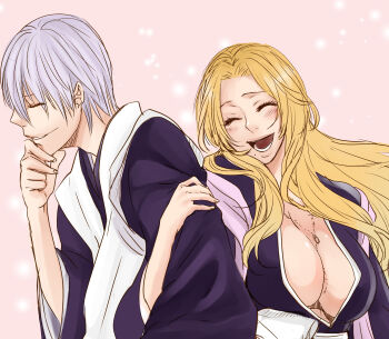 1boy 1girl bleach blonde_hair blush breasts cleavage closed_eyes commentary_request grabbing_another's_arm greyscale hachiya_nanao haori highres ichimaru_gin japanese_clothes jewelry large_breasts lips matsumoto_rangiku monochrome necklace open_mouth parted_lips pink_scarf plunging_neckline scarf shihakusho smile taichou_haori
