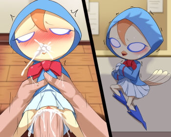 1boy 1girl arm_support before_and_after bird_girl bird_tail blazer bleach blue_boots blue_jacket blush boots bow bowtie carrying cum cum_in_mouth cum_in_pussy cum_overflow doll_girl ejaculation embarrassed expressionless feet_out_of_frame from_above full_body half-closed_eyes hetero highres hood hood_up hooded_jacket indoors jacket leaning_to_the_side loli looking_afar looking_at_viewer looking_up mini_person minigirl multiple_views nervous nervous_sweating no_pupils open_mouth penis pussy rape red_bow red_bowtie ririn scared sex sitting skirt sweat tail uncensored vaginal white_skirt zerokun135