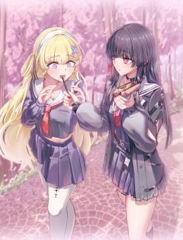 Rule 34 | 2girls, absurdres, alternate costume, arm cutout, black choker, black hair, black jacket, black serafuku, black shirt, black skirt, blonde hair, blush, breasts, chisa (wuthering waves), choker, clothing cutout, ekakemo, food, hair ornament, hair ribbon, hairband, highres, holding, holding food, holding pocky, jacket, long hair, long sleeves, looking at another, medium breasts, multiple girls, neckerchief, open mouth, pantyhose, phoebe (wuthering waves), pocky, purple eyes, red eyes, red neckerchief, ribbon, sailor collar, school uniform, serafuku, shirt, skirt, very long hair, white hairband, white pantyhose, white sailor collar, wuthering waves, x hair ornament, yellow ribbon