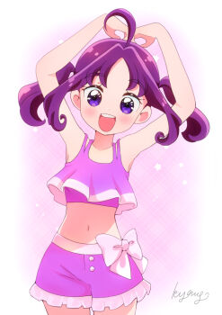 1girl :d ahoge argyle_background arms_up artist_name bikini bikini_shorts bow commentary cowboy_shot hands_on_own_head kimi_to_idol_precure kyanos_(b_0000ff) leaning_to_the_side looking_at_viewer medium_hair navel open_mouth own_hands_together precure purple_background purple_bikini purple_eyes purple_hair shigure_kokoro shorts signature smile solo standing swimsuit twintails white_bow