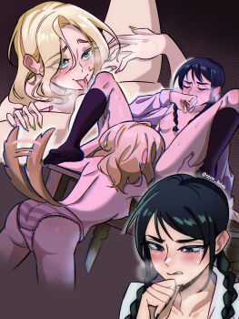 2girls absurdres the_addams_family between_legs black_hair black_socks blonde_hair blue_eyes blush bottomless braid cellphone commentary cunnilingus eenakulot enid_sinclair hand_on_another&#039;s_thigh highres kneehighs multicolored_nails multiple_girls nipples on_table open_clothes open_shirt oral panties parted_lips phone pink_panties purple_eyes smartphone socks striped_clothes striped_panties sweat table tail tail_wagging tears tongue tongue_out topless_female twin_braids underwear wednesday_(netflix) wednesday_addams yuri