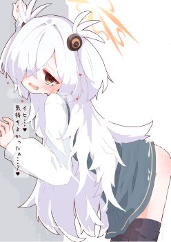 1girl absurdres bags_under_eyes black_pantyhose blue_archive brown_eyes clothes_pull commentary_request cum cum_on_ass cum_on_body dress grey_dress hair_over_one_eye halo highres kanoe_(blue_archive) loli long_hair long_sleeves open_mouth orange_halo pantyhose pantyhose_pull pinafore_dress puffy_long_sleeves puffy_sleeves rano_u_rabe shirt simple_background sleeveless sleeveless_dress solo translation_request two_side_up wavy_hair white_background white_hair white_shirt