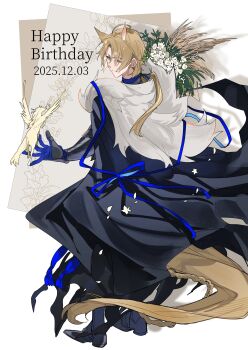 Rule 34 | 1boy, absurdres, animal ears, arknights, armor, black cloak, black gloves, blonde hair, blue gloves, bouquet, cloak, commentary, dated, facing away, flower, full body, gloves, happy birthday, highres, holding, holding bouquet, horse boy, horse ears, horse tail, looking back, male focus, medium hair, mlynar (arknights), mlynar (roar against the wild) (arknights), ponytail, simple background, solo, tail, two-sided gloves, white background, yakota (usuk-yako)