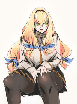 1girl aurostella black_dress black_pantyhose blazblue blonde_hair blue_bow bow breasts dress glasses gold_trim green_eyes hair_between_eyes hair_bow highres large_breasts looking_down nervous_smile pantyhose round_eyewear school_uniform shirt sidelocks sitting smile solo thick_thighs thighs trinity_glassfield white_background white_shirt