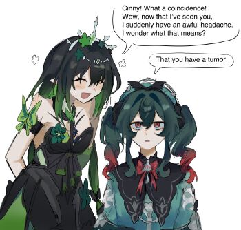 Rule 34 | 2girls, :d, alternate color, armband, bare shoulders, black dress, black hair, blush, bow, bowtie, breasts, butterfly ornament, castorice (honkai: star rail), closed eyes, commentary, dress, english commentary, english text, flower, gradient hair, green flower, green hair, hair between eyes, hair flower, hair intakes, hair ornament, highres, honkai: star rail, honkai (series), hyacine (honkai: star rail), jewelry, long hair, medium breasts, multicolored hair, multiple girls, nsuntens, open clothes, open mouth, red bow, red bowtie, red eyes, red hair, simple background, sketch, smile, speech bubble, twintails, two-tone hair, white background, white tiara