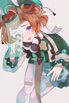 1girl blue_eyes blush breasts fate/grand_order fate_(series) green_hat green_shirt green_shorts hat highres long_sleeves looking_at_viewer open_mouth orange_hair pantyhose shimaa482 shirt short_hair shorts small_breasts smile solo striped_clothes striped_shirt torn_clothes torn_pantyhose van_gogh_(fate) white_pantyhose