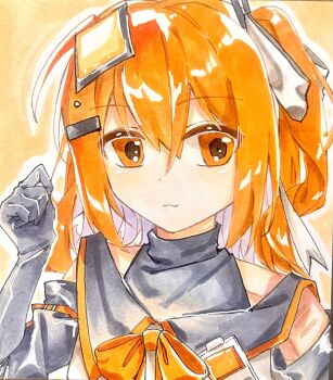 1girl a.i._voice adachi_rei black_gloves bow bowtie closed_mouth commentary_request gloves hair_ornament hamano_yui hand_up highres idol looking_at_viewer medium_hair one_side_up orange_bow orange_bowtie orange_eyes orange_hair portrait shikishi solo traditional_media turtleneck utau