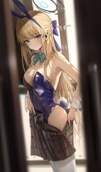1girl absurdres animal_ears bare_shoulders blonde_hair blue_archive blue_eyes blue_halo blue_leotard blunt_bangs bow bowtie braid breasts cleavage commentary detached_collar doorway fake_animal_ears fake_tail hair_bow halo hidulume highres indoors leotard long_hair looking_at_viewer looking_to_the_side medium_breasts multicolored_hair official_alternate_costume plaid_clothes plaid_skirt playboy_bunny pleated_skirt pov_doorway rabbit_ears rabbit_tail skirt solo strapless strapless_leotard streaked_hair symbol-only_commentary tail thighhighs toki_(blue_archive) toki_(bunny)_(blue_archive) undressing very_long_hair white_thighhighs wrist_cuffs