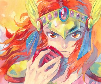 1boy agahari armor bikkuriman closed_mouth commentary_request gem hair_ornament hand_up head_rococo headpiece holding holding_mask long_hair looking_at_viewer male_focus mask mouth_mask portrait red_eyes red_gemstone red_hair serious shoulder_armor solo unworn_mask wing_hair_ornament