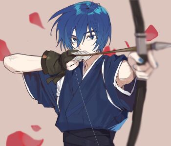 Rule 34 | 1boy, aiming, arrow (projectile), belt, black belt, black gloves, blue eyes, blue hair, blue nails, blue shirt, blurry, bow, bow (weapon), brown background, buckto, commentary request, covering own mouth, fingernails, gloves, hair between eyes, hands up, highres, holding, holding arrow, holding bow (weapon), holding weapon, japanese clothes, kaito (vocaloid), long hair between eyes, looking at viewer, male focus, nail polish, partially fingerless gloves, petals, shirt, short hair, short sleeves, simple background, solo, upper body, vocaloid, weapon, white bow, wide sleeves