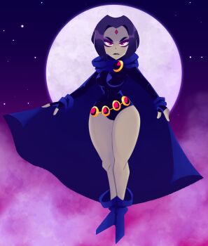 black_leotard boots cloak colored_skin dc_comics forehead_jewel full_moon grey_skin highres leotard moon purple_cloak purple_hair purple_lips raven_(dc) red_eyes short_hair sleeved_leotard teen_titans thick_thighs thighs wonderwaffle93