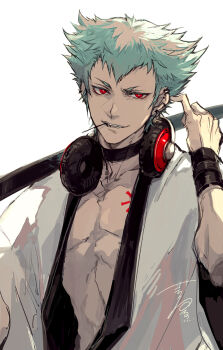 1boy arm_up bare_pectorals black_choker blue_hair character_request choker collarbone commentary copyright_request ear_piercing earrings hagiya_kaoru headphones headphones_around_neck highres holding holding_staff jewelry linea_alba male_focus multiple_earrings open_clothes open_shirt pectorals piercing red_eyes shirt short_hair signature simple_background solo staff symbol-only_commentary upper_body white_background white_shirt