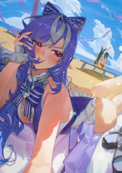 3girls ahoge alternate_costume animal_ears ass backless_swimsuit bare_shoulders beach belle_(summer_skies)_(zenless_zone_zero) belle_(zenless_zone_zero) bikini bikini_under_clothes black_bikini black_hair blue_gemstone blue_hair blue_sky blush bow bowtie breasts bucket_hat closed_mouth clothing_cutout cloud cloudy_sky commentary_request drill_hair drill_sidelocks fish_hat fox_ears fox_girl frilled_one-piece_swimsuit frilled_wrist_cuffs frills from_behind gem hair_bow hat head_rest heart highres horizon hoshimi_miyabi long_hair looking_to_the_side luirck lying medium_breasts mole mole_under_eye multiple_girls ocean off-shoulder_shirt off_shoulder official_alternate_costume on_stomach one-piece_swimsuit orange_shorts pointy_ears purple_bow purple_bowtie purple_hair purple_nails red_eyes sand see-through_clothes shirt short_hair shorts sidelocks sitting sky swimsuit two-tone_one-piece_swimsuit vivian_banshee vivian_banshee_(iris_of_the_shore) white_one-piece_swimsuit white_shirt wrist_cuffs yuri zenless_zone_zero