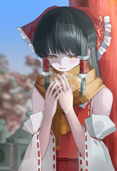 1girl absurdres ascot black_hair blurry blush bow breath cold commentary_request dedemaru depth_of_field detached_sleeves frilled_bow frilled_hair_tubes frills hair_bow hair_tubes hakurei_reimu highres long_hair open_mouth outdoors red_bow red_skirt ribbon-trimmed_sleeves ribbon_trim scarf skirt skirt_set solo touhou yellow_ascot yellow_eyes yellow_scarf